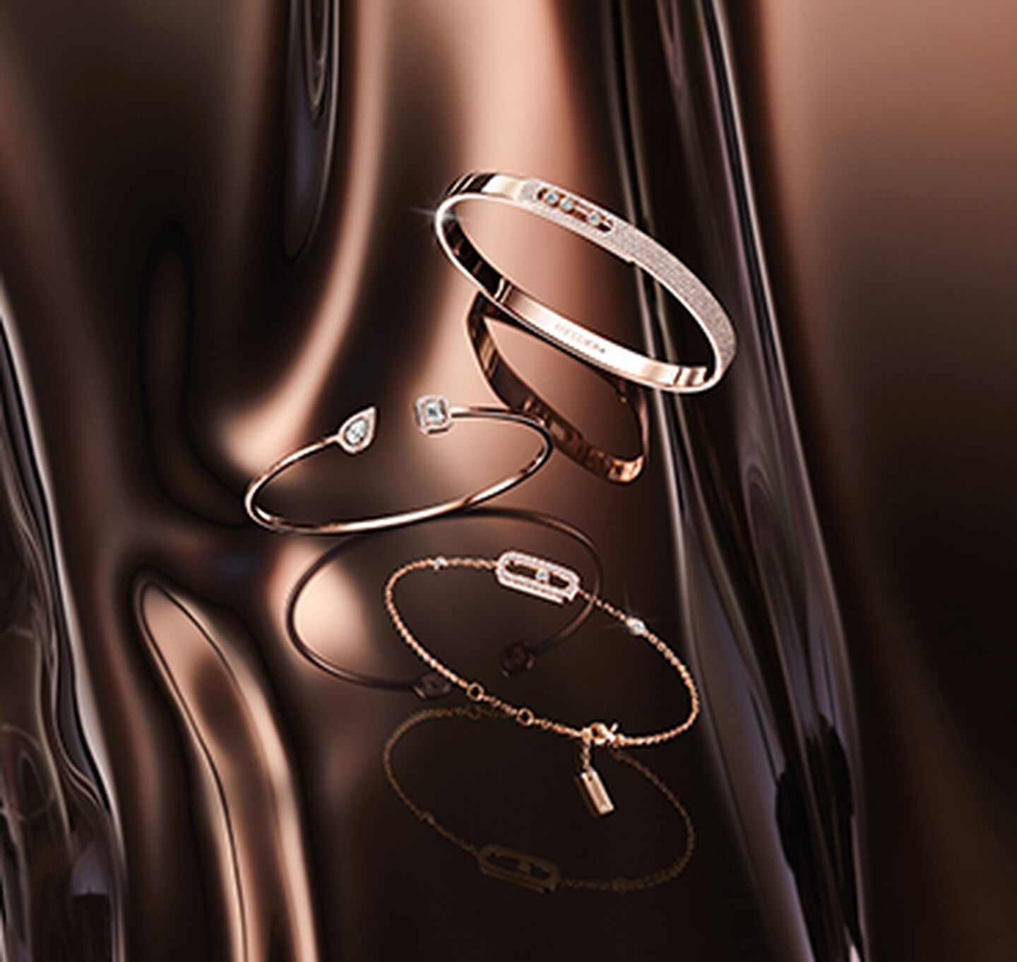 Messika diamond bracelets on a dark pink background.